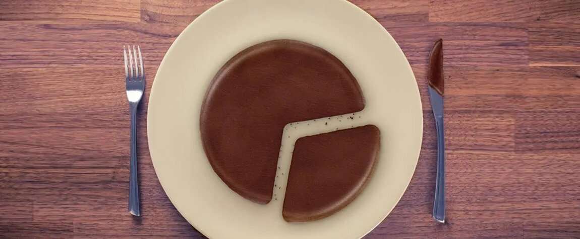 A view of a chocolate cake cut from above