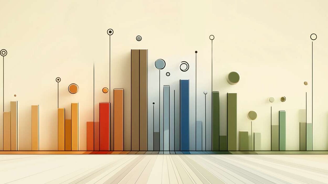 SKU Rationalization artistic rendering with multi-colored columns at various heights rising up a wall