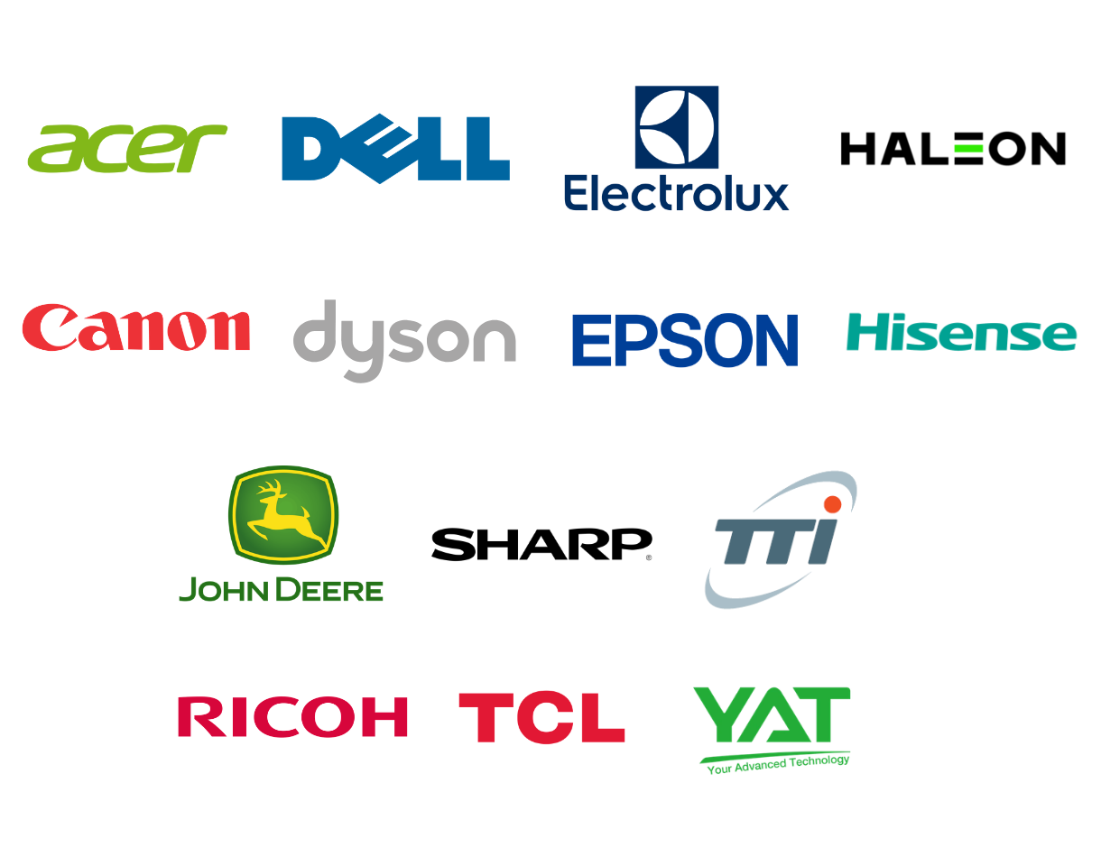 Logos of manufacturers and retailers that work with OpenBrand, including Hisense, Epson, Dyson, Electrolux, YAT, and John Deere sized for mobile